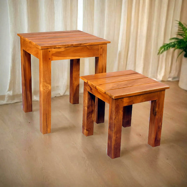 Two Wooden Teak Stool (Square) Pre- Assembled